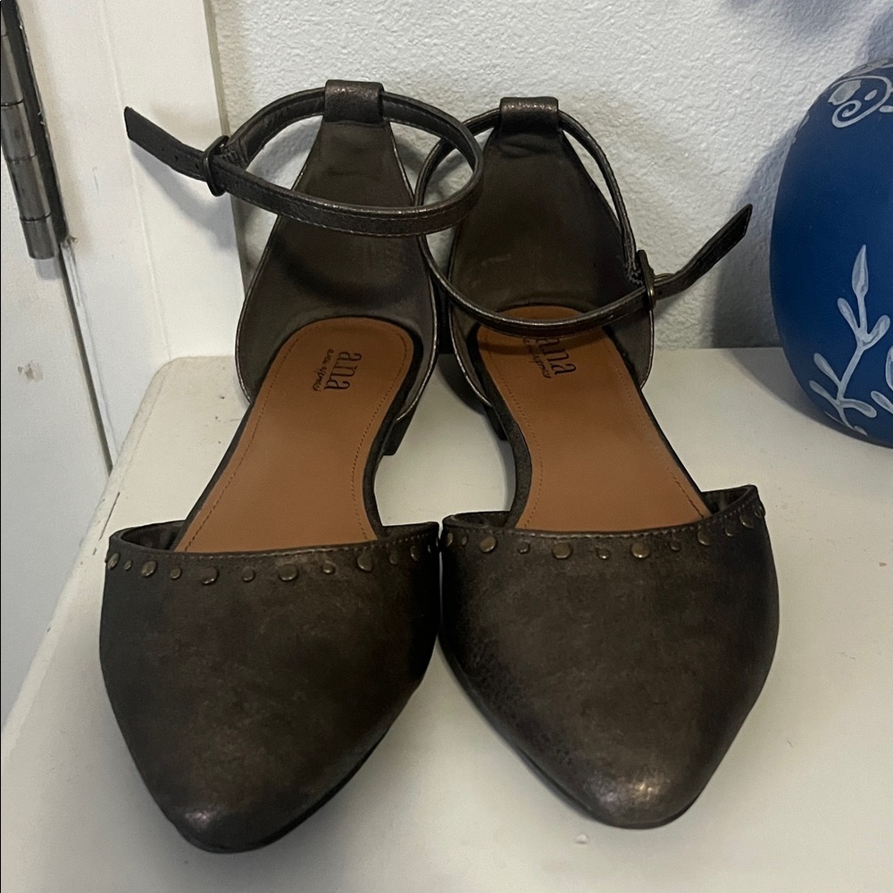 a.n.a Metallic Gold  Pointed-Toe Ankle-Strap Flats with Stud Trim